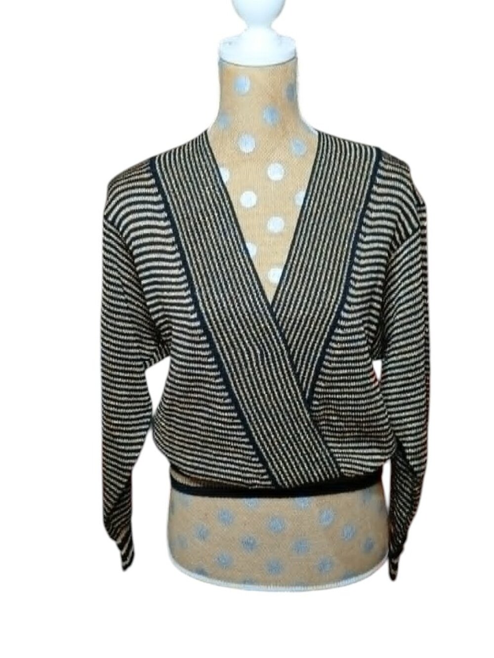 Vintage 90s GGR Black & Gold Metallic Striped Surplice Wrap Sweater - HongKong M